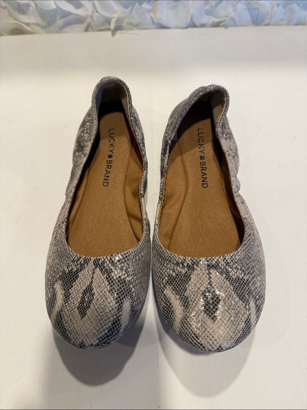 Lucky Brand Snake-Print Ballet Flats in Neutral Gray